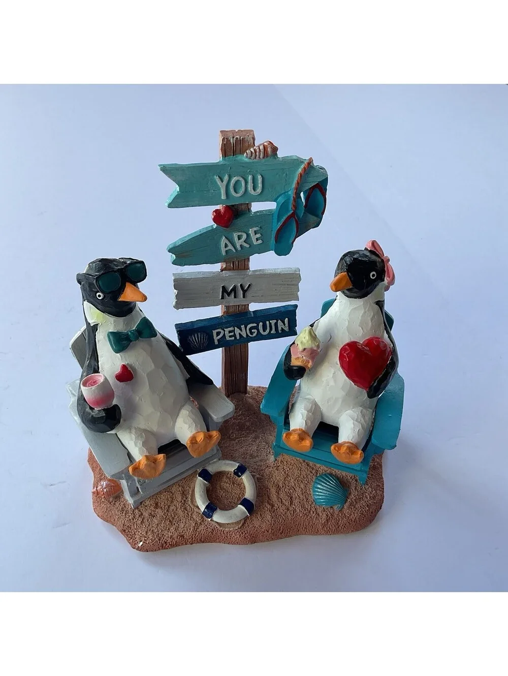 Beach House Decor Coastal Chair Resin with Penguins Figurine NWB